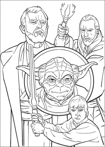 Obi Wan Kenobi,  Qui Gon Jinn, Yoda And Luke Skywalker Coloring Page